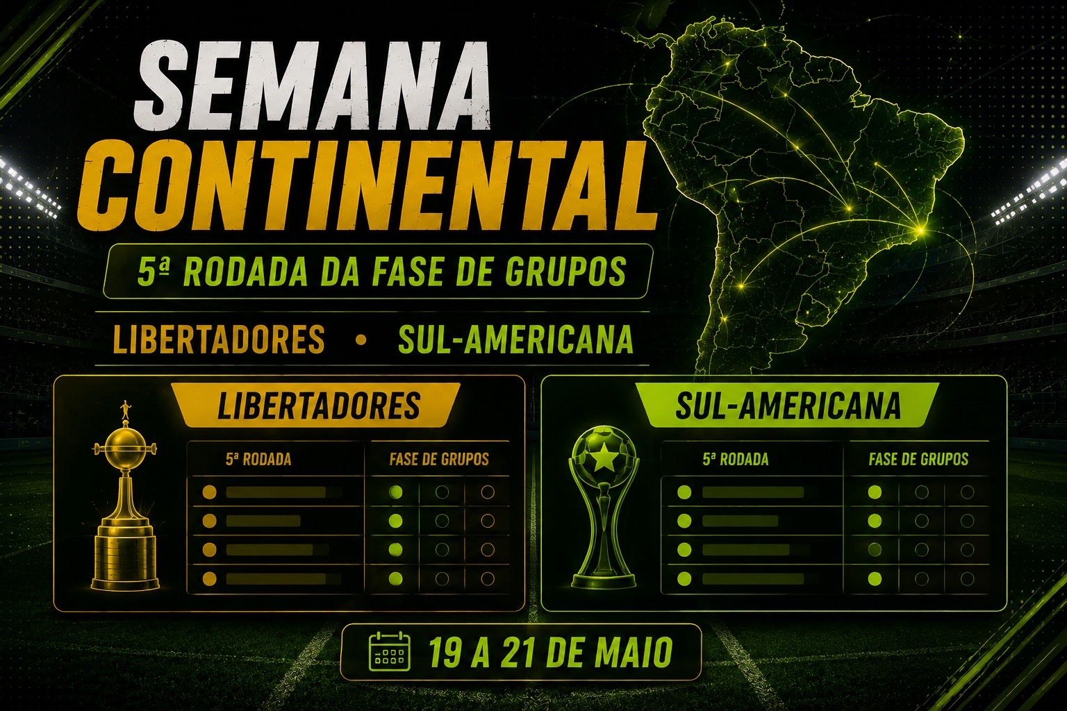 Semana continental com Libertadores e Sul-Americana entre 19 e 21 de maio